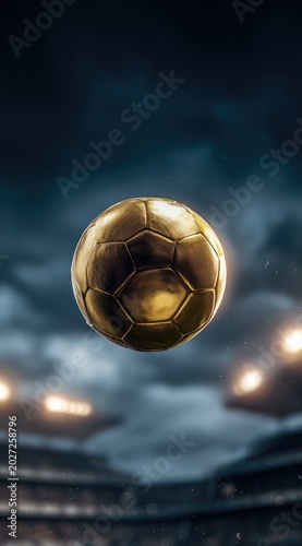 A golden soccer ball hovers above a stadium under dramatic, spotlighted clouds