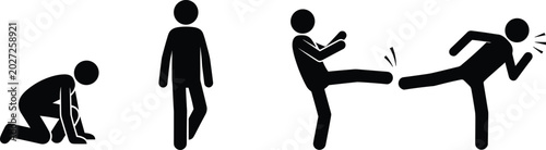 Bild auf Leinwand Self Defense And Assault Silhouette Icons Set, Fighting And Violence Action Pict