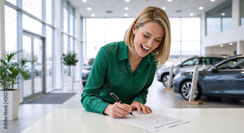 Smiling blonde woman signing a contract at a car dealership. Happy female customer buying a new vehicle in an auto showroom