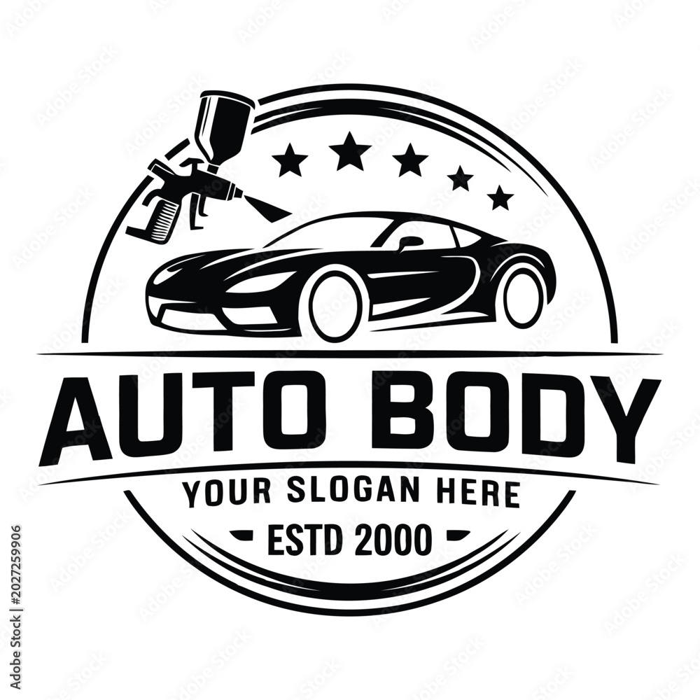 Obraz premium Black and white of auto body shop with spray gun and sports car