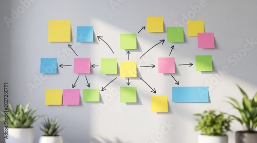 Colorful sticky notes on a wall, illustrating brainstorming and ideas organization.