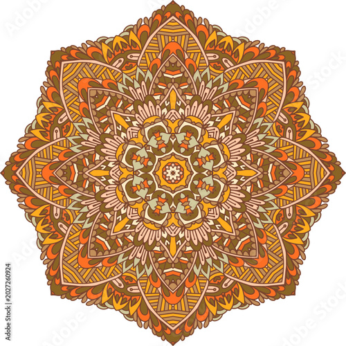 Colorful autumn mandala design with intricate patterns and shapes
