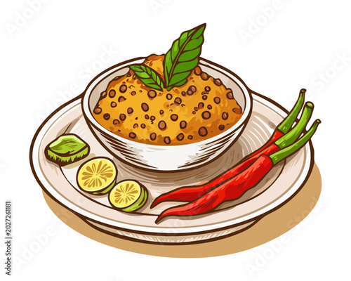 Schilderij op canvas Hot chili seasoning paste bowl surrounded by whole fresh red chilies and lime we
