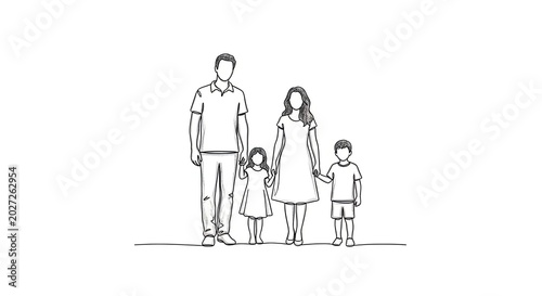 Принти на полотні Sketch of a happy family of four, parents with two children, standing together,