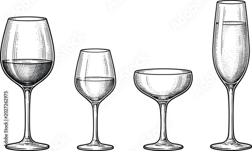 Quadro em tela Hand Drawn Vintage Glassware Illustration Collection Featuring Wine Champagne An