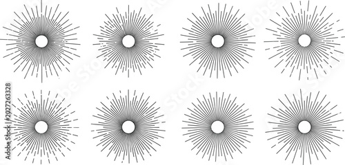 Sunburst rays collection set, vintage radial line burst backgrounds, retro starburst sunshine elements for logo, badge, poster and branding design, vector illustration