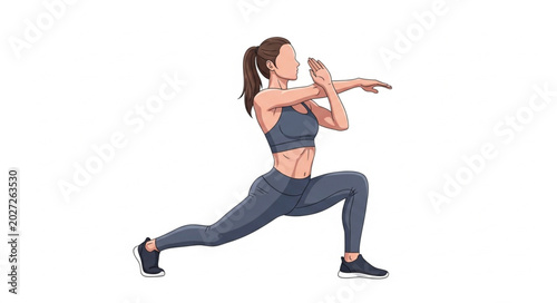 Photos Woman performing lunges with arm extensions for fitness.
