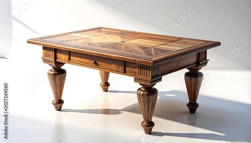 Ornate wooden coffee table with detailed marquetry tabletop and carved legs, spotlighted in a bright studio setting, vintage furniture design