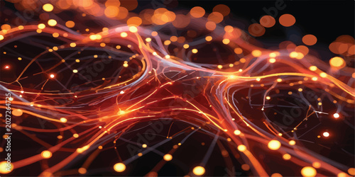 Obraz na płótnie Abstract glowing network of interconnected points and lines in orange and yellow
