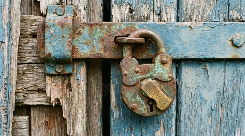 This close up photo shows a weathered old metal padlock secured on a rusty latch attached to a vintage wooden door with peeling blue paint texture