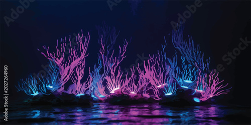 Canvastavla Underwater scene with bioluminescent coral reef illuminated by blue and pink neo
