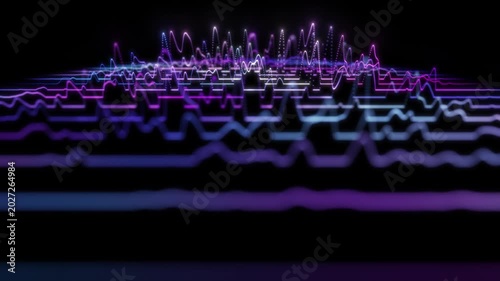 Neon glowing abstract audio waveform animation, futuristic purple blue equalizer lines on black background, sound analyzer screen with frequency pulse, 4k, 60 fps, HUD, loop