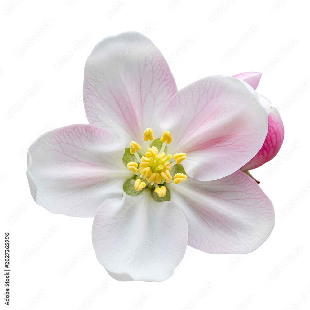Obraz premium Closeup of a delicate apple blossom with white and pink petals isolated on white background.