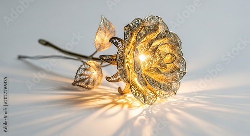 Exquisite filigree metal rose sculpture with internal warm lighting isolated on white background