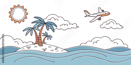 Cuadro en lienzo Cartoon-style travel illustration showing airplane, tropical island with palm tr