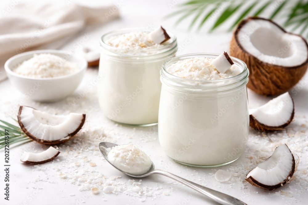 Obraz premium White background with jars of creamy coconut yogurt and sprinkled coconut flakes with copy space