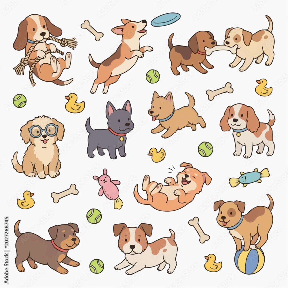 Obraz premium A joyful collection of diverse cartoon puppies playfully interacting with various toys including frisbees, balls, bones, and rubber ducks, radiating happiness.