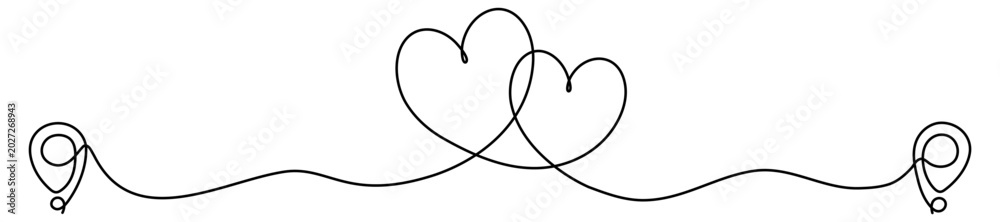 Fototapeta premium Love path. Romantic destination concept. Pin map with hearts couple shape continuous line drawn. Vector illustration isolated on white.