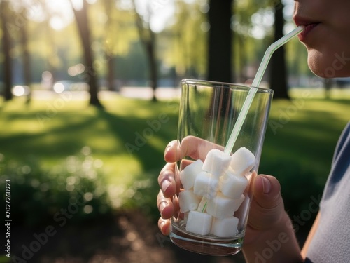 Adult drinking sugar cubes from glass with straw outdoors, unhealthy diet concept, excessive sugar consumption and diabetes risk