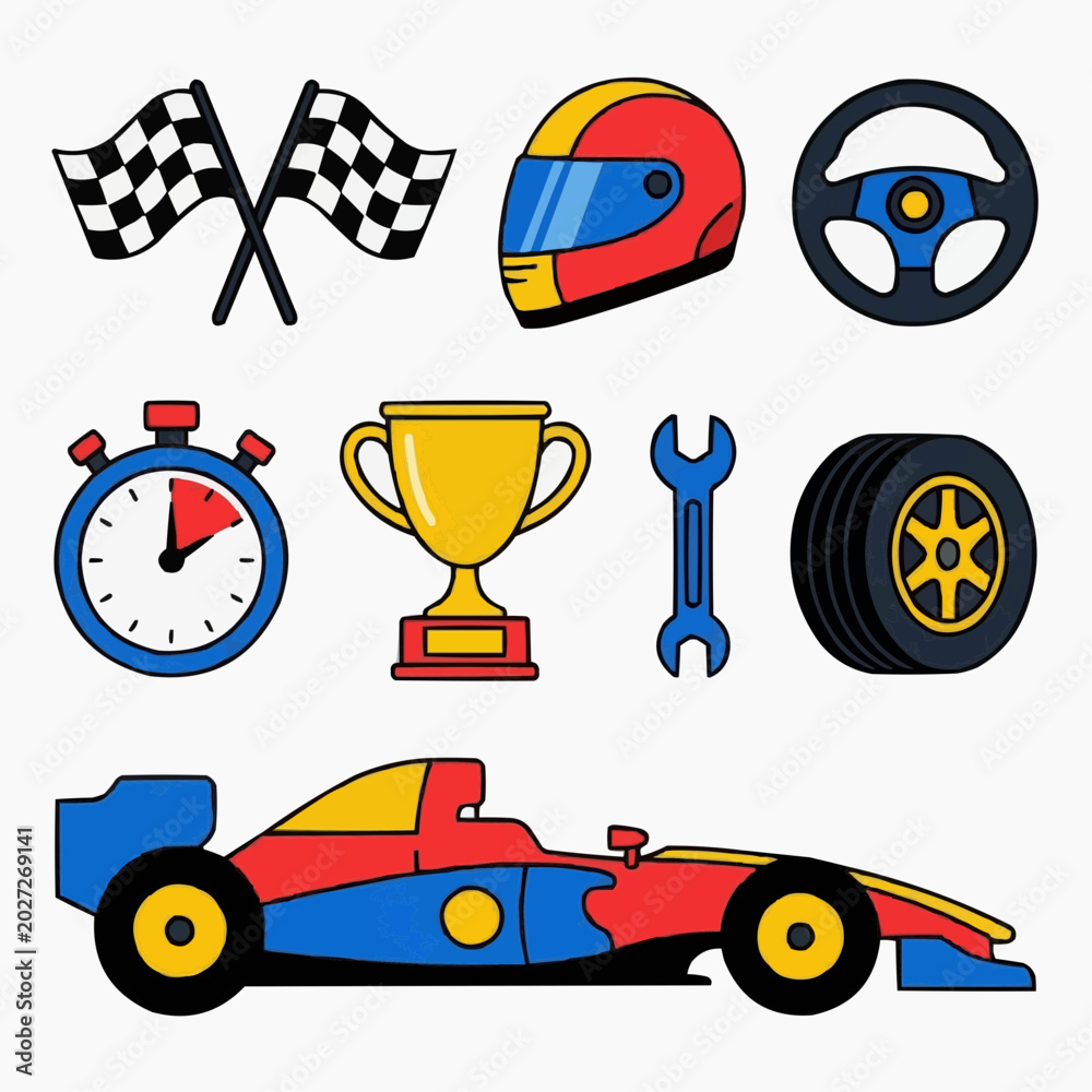 Fototapeta premium An exciting collection of racing-themed icons featuring checkered flags, a helmet, steering wheel, stopwatch, trophy, wrench, tire, and a sleek race car.