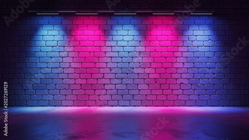 Foto Dark brick wall illuminated by alternating blue and pink spotlights casting vibr