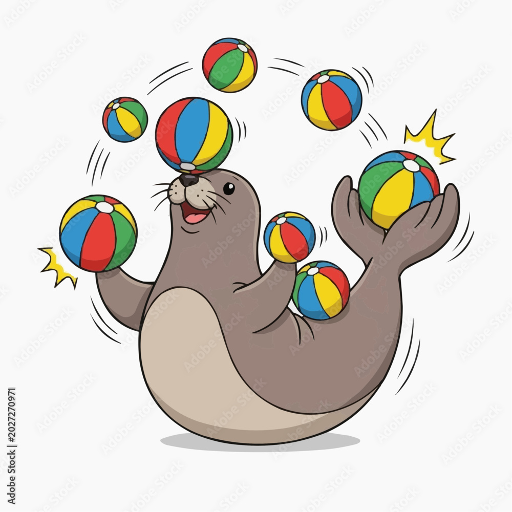 Fototapeta premium A cheerful gray seal happily balancing numerous colorful striped beach balls on its nose, flippers, and back in a playful act.