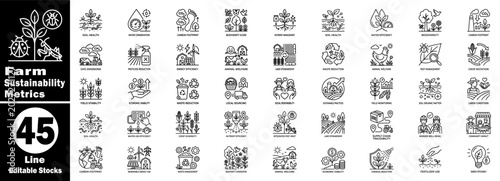 Farm sustainability metrics icons for eco-friendly farming and environmental impact assessment.