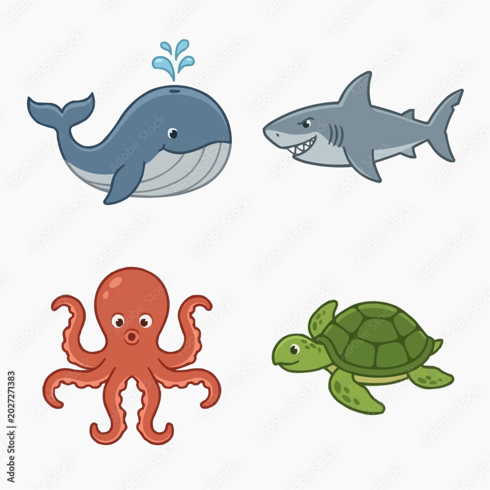 Fototapeta premium A vibrant cartoon collection showcasing a cheerful blue whale, a grey shark, a red octopus, and a green turtle.