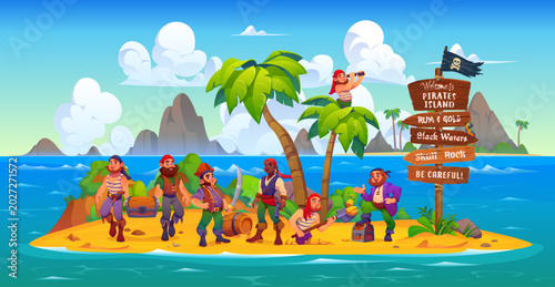 Schilderij op canvas Caribbean pirate characters with treasures on tropical island in sea or ocean