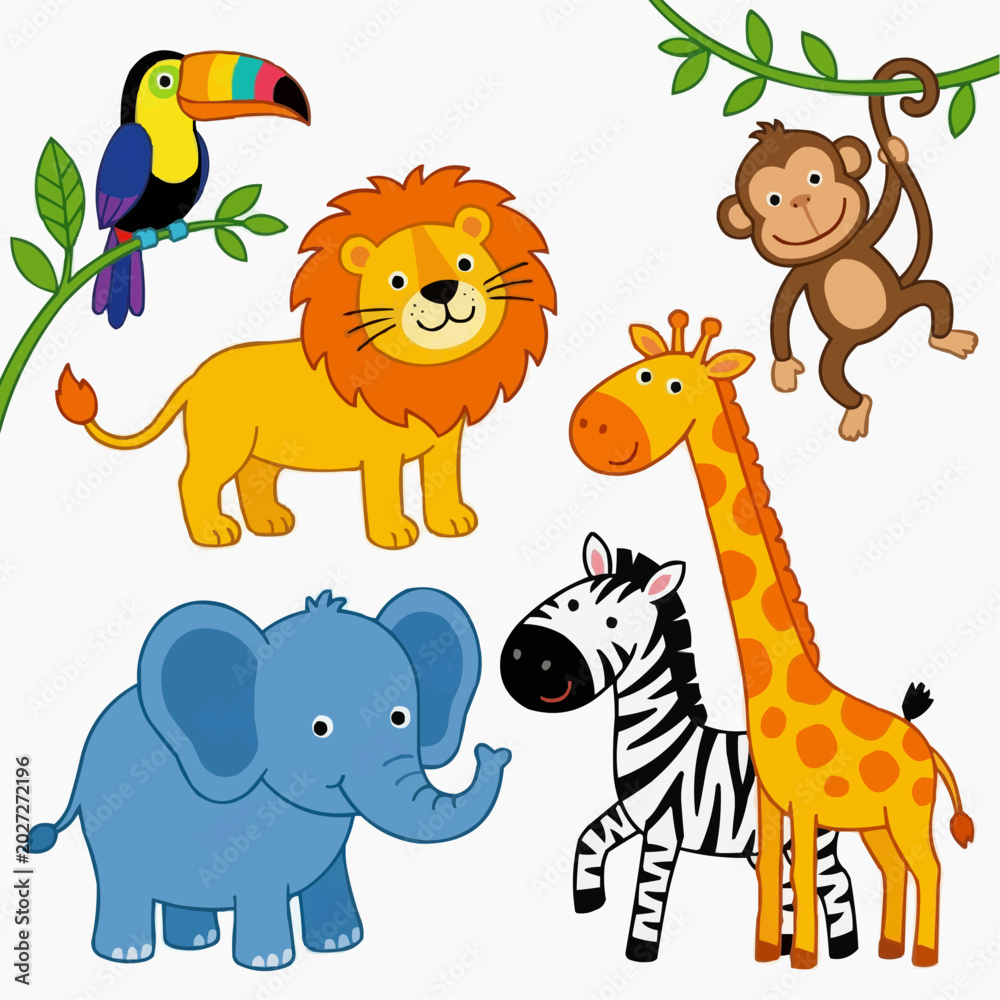 Naklejka premium A vibrant cartoon illustration featuring diverse jungle animals including a toucan, lion, monkey, giraffe, zebra, elephant, all on white.