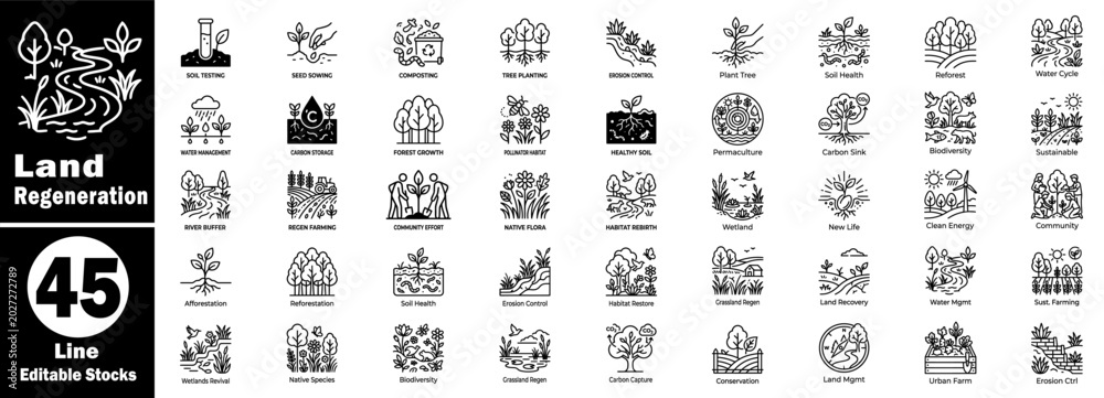 Cuadro en lienzo Land regeneration line icons set, ecological restoration and sustainability