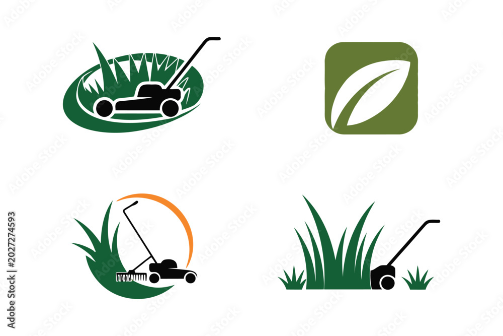 Obraz premium Four green lawn mower with grass and leaf in black and orange