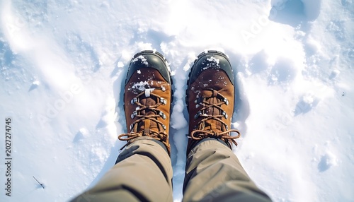 Pair of brown hiking boots with laces standing in fresh white snow, showing textured tread and winter footwear for outdoor adventure, cold weather gear, walking activity