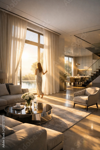 Serene Morning View: A woman in a flowing dress stands by a large window, bathed in the warm, golden light of the morning sun, gazing out at a tranquil waterscape.
