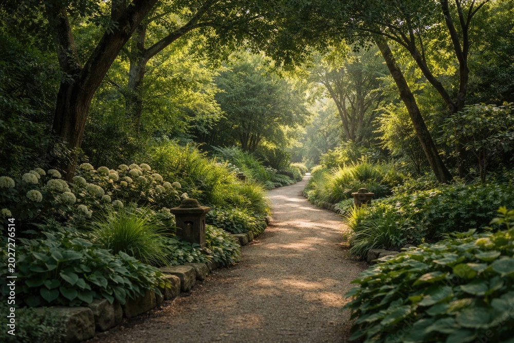 Fototapeta premium Quiet garden walkway lined with thriving greenery and mature trees under soft natural light