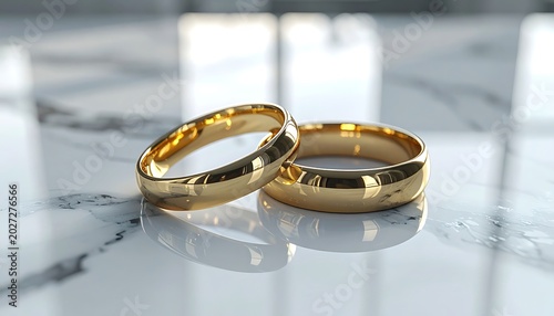 Pair of elegant golden wedding rings, symbolizing love and commitment, resting on a polished marble surface with soft ambient light, perfect for marriage or engagement themes