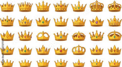 Photography Golden Crown Collection with Various Royal Crowns Featuring Jewels and Ornate De