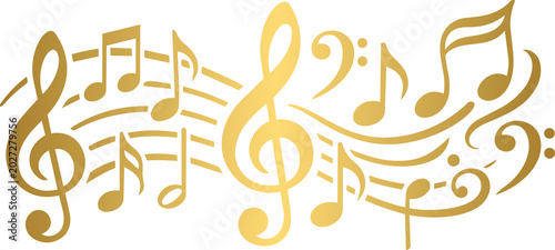 Golden Music Notes Wave and Floating Musical Symbols