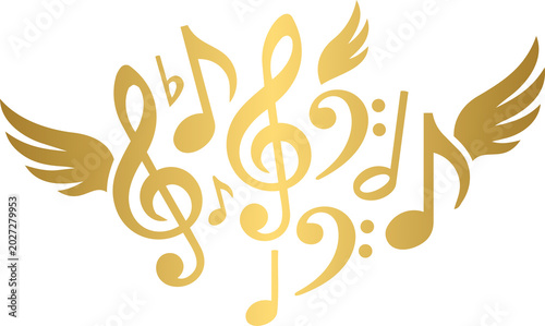 Golden Music Notes Wave and Floating Musical Symbols