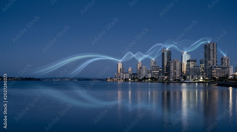 Fototapeta premium Smart city skyline with digital data waves connecting buildings at night over water.