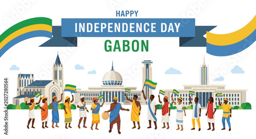 Gabon independence day celebration with people waving flags in front of city skyline vector