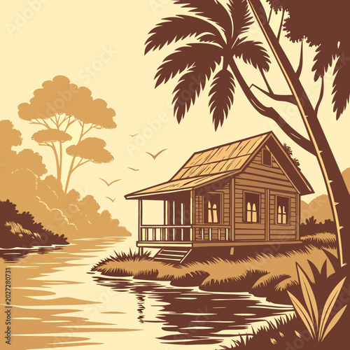 Bild auf Leinwand tropical cabin illustration with thatched roof and surrounding palm trees on cal
