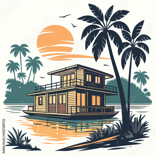 Billede på lærred vintage houseboat on water with palm trees and sunset retro travel illustration