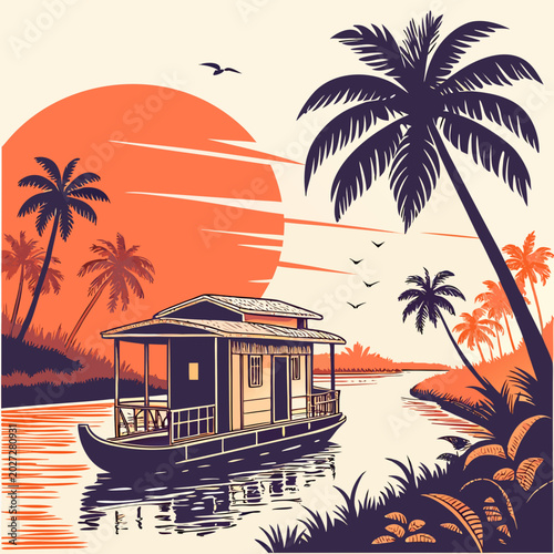 Fotografi tropical houseboat on canal with palm trees and sunset vintage style illustratio