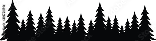 Foto Black pine forest silhouette border, horizontal evergreen tree skyline, coniferous woodland landscape, minimalist nature panorama, winter spruce and fir timberline vector