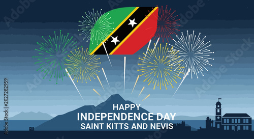 Quadro su tela Happy Independence Day Saint Kitts and Nevis with fireworks