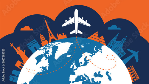 Global travel and tourism concept with airplane flying over earth and famous landmark silhouettes airplane exploration vacation