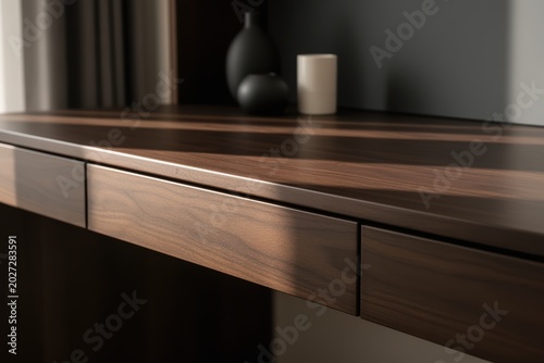 Wooden desk surface with decorative vases and candle in soft light and warm tones