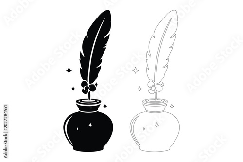 Inkwell with feather quill and ink bottle vector illustration, calligraphy
