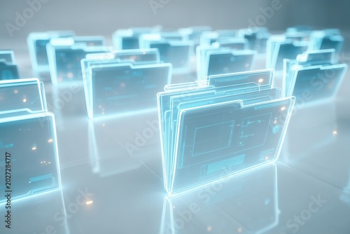 Digital data folders organized in futuristic glowing archive